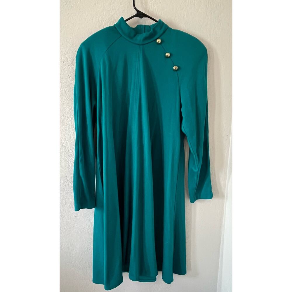 Women's Mod Vintage Costume Halloween Green Shift Dress w Shoulder Pads Size 12